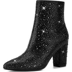 ⚡Women's Black Sparkly Ankle Booties with Pointed Toe Block Chunky Heel Glitter